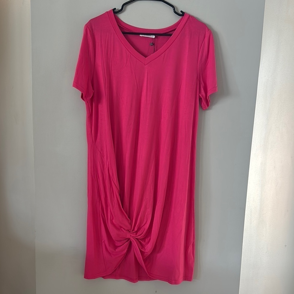 Vibrant Pink V-Neck Women's T-Shirt Dress Large